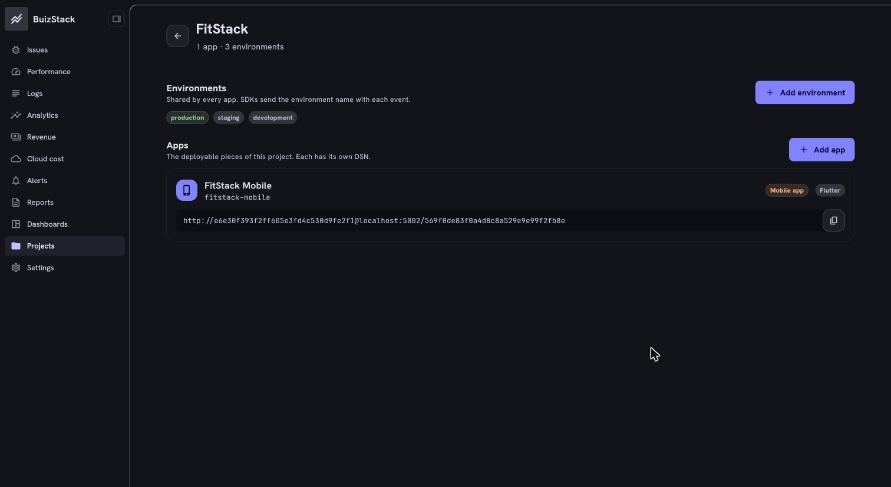 The FitStack project in BuizStack with production, staging and development environments and a mobile app with its DSN